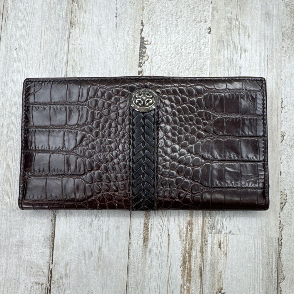 Vintage Brighton Wallet Leather Croc Brown Bi-Fold Silver Accent Heart Zip Pull